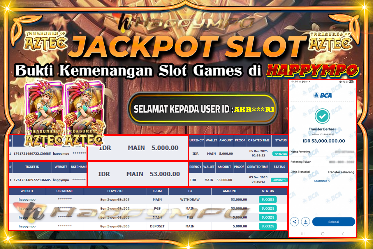 HAPPYMPO JACKPOT SLOT TREASURE OF AZTEC Rp.53.000.000,- LUNAS